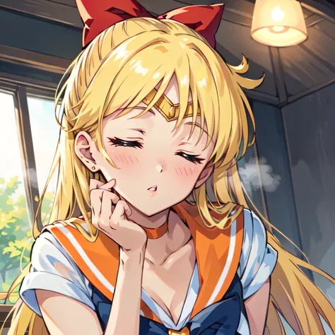  Masterpiece,  top quality,  Ultra Detailed, 8K, Anime, from slightly below, only face focus, (Aino Minako), (Sailor Venus), 1girl, sleeping:1.3, closed eyes, blush, embarrassed, pouting plump lips:1.4, light head steam, leaning forward, incoming kiss:1.4,...