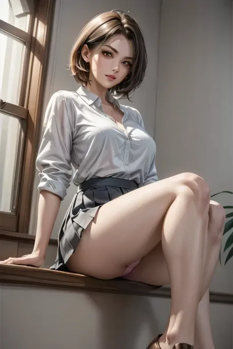 (masterpiece, best quality , high resolution, , perfect pixels, 4K,),  1girl , (Open the leg and show the delta part of the pink panties), ( so she wears a pleated skirt and loafers ), (Sit down),  stockings,  She stares intently at the audience 、 has a li...