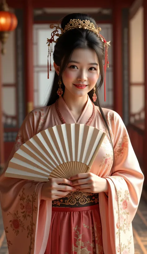 Create a stunning wide-angle image set in the ancient Han Dynasty, featuring a hyper-realistic portrayal of a Chubb dressed Chinese courtesan. She should be depicted with a radiant smile and a gentle blush, showcasing her lush appearance and intricate trad...