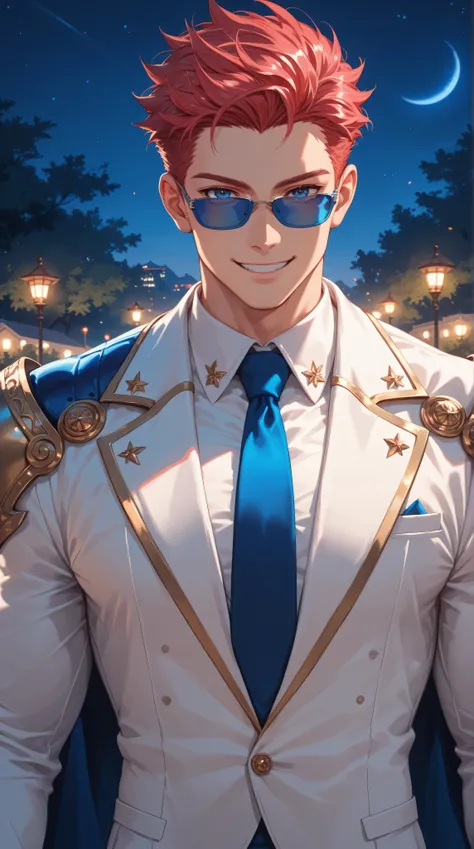 anime,  cartoon, Alone, white muscular man, Red colored hair,  blue eyes, quiff ,  elegant suit ,  blue tie ,  blue sunglasses,  night, Pink Trees,  smile,  masterpiece,  High Quality, shiny silver shoulder pad.