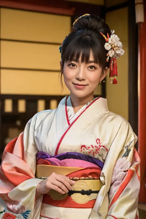 ( top quality,8k), ( Masterpiece),  one girl, Old Edo cityscape, Spread your arms and rotate,  ornate hair ornament, (Luxurious, colorful Japanese kimono with fine embroidery:1.4), (An intelligent and beautiful face), Smile, ultra detailed finger.