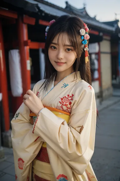 ( top quality,8k), ( Masterpiece),  one girl, Old Edo cityscape, Spread your arms and rotate,  ornate hair ornament, (Luxurious, colorful Japanese kimono with fine embroidery:1.4), (An intelligent and beautiful face), Smile, ultra detailed finger.