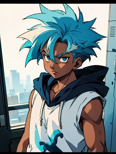  best quality image, anime style,  imagine a age man ,  that has dark skin , who has light blue eyes ,  who has light blue hair,  with big, messy hair , Are you wearing a sleeveless hooded shirt.
