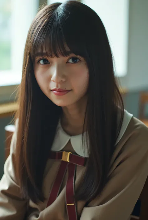 4K, masterpiece, top quality, detailed description, photorealistic, natural light, 1 girl,Asuka, long hair, school uniform, Watch viewers, from the front ,classroom, she smiled faintly in the corner of her mouth