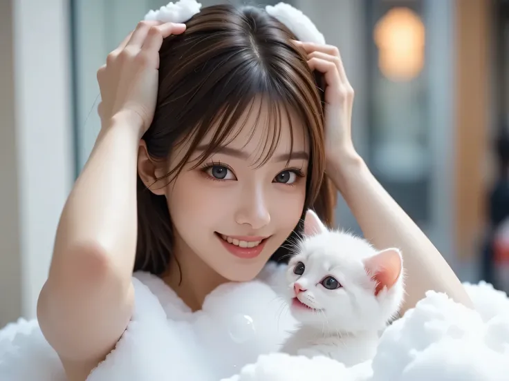 Create an Asian beauty with long hair，Regular facial features，Wearing nothing，Washing hair with both hands above the head，A cute white kitten next to it plays with the foam，Real bubbles，Foam envelops the beauty's entire head，Beautiful girl opens her eyes，T...