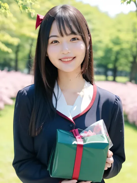 A stunningly beautiful 20-year-old woman stands in a lush green park full of cherry blossoms in full bloom under a clear blue sky. She is wearing a classic sailor uniform and holds a neatly wrapped gift box with a red ribbon in both hands in front of her c...