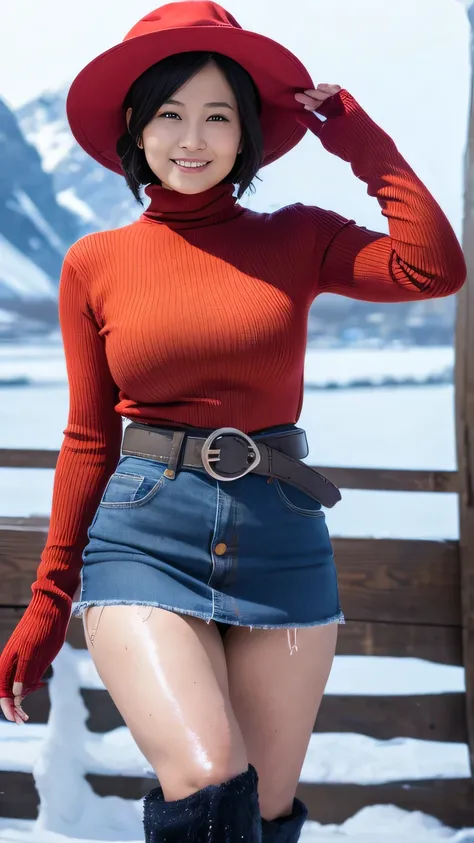  top quality、8k、 masterpiece、 Supernatural、Clear Photo、 professional lighting、 natural light、 by Nomi、 perfect anatomy、 one woman、baby face:2.0、Big Breasts、saggy breasts:2.0、 beautiful hair、smile、(( muscles:1.6、 thick thighs))、long sleeve rib knit、(( high ...