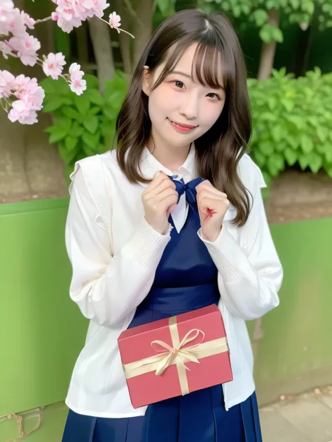 A stunningly beautiful 20-year-old woman stands in a lush green park full of cherry blossoms in full bloom under a clear blue sky. She is wearing a classic sailor uniform and holds a neatly wrapped gift box with a red ribbon in both hands in front of her c...