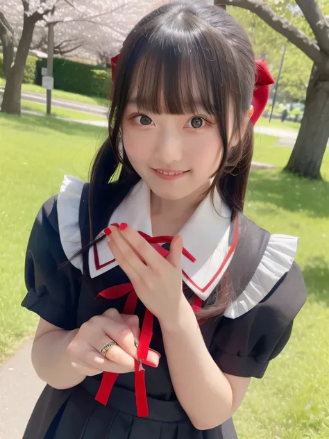 A stunningly beautiful 20-year-old woman stands in a lush green park full of cherry blossoms in full bloom under a clear blue sky. She is wearing a classic sailor uniform and holds a neatly wrapped gift box with a red ribbon in both hands in front of her c...