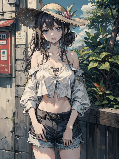 looking at viewer, earring, huge breasts, medium hair, half updo, hair ornament, black hair, eye rolling, drooling, saliva, cowboy shot, casual, blouse, white shirt, buttoned shirt, bare shoulders, collarbone, midriff, navel, shorts, straw hat, outdoor,