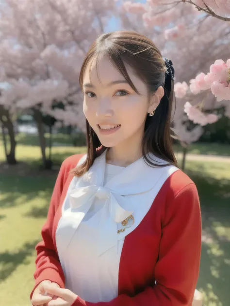 A stunningly beautiful 20-year-old woman stands in a lush green park full of cherry blossoms in full bloom under a clear blue sky. She is wearing a classic sailor uniform and holds a neatly wrapped gift box with a red ribbon in both hands in front of her c...