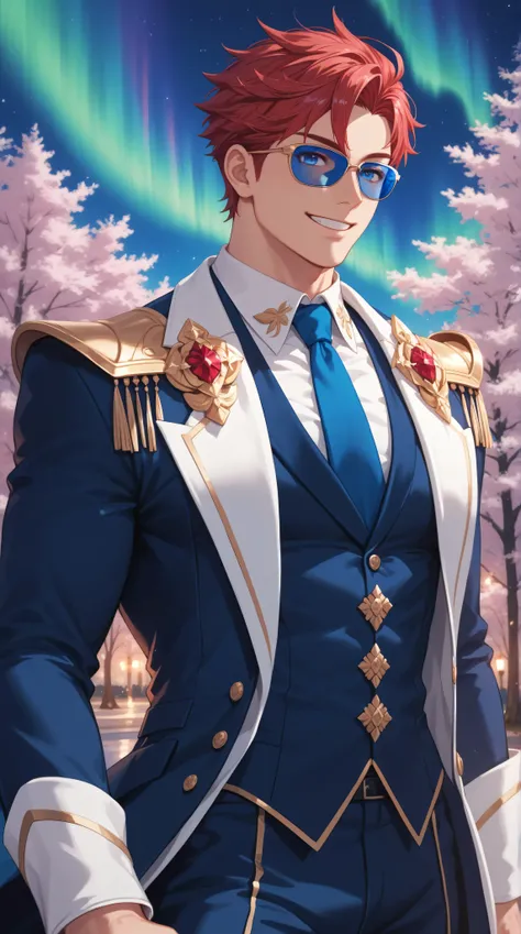 anime,  cartoon, Alone, white muscular man, Red colored hair,  blue eyes, quiff ,  elegant suit ,  blue tie ,  blue sunglasses,  night, Pink Trees,  smile,  masterpiece,  High Quality, divine shoulder pads , unique flowers of radiant crystals of different ...