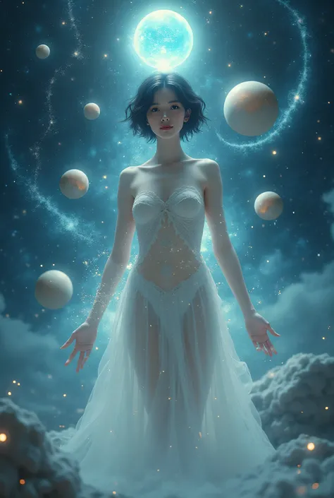 In the cosmic void，Celestial Bodies， unclothed Asian woman ，Astral Body ，The planet surrounds women ， woman shines brightly， short hair，Woman embedded in Astral Body ， crystals surround 