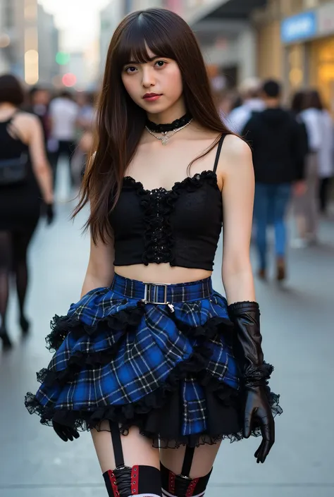 (Bangs), ((Long brown hair)), ((Black crop top and black camisole fusion) with frills: 1.4), ((Sleeveless, off the shoulders): 1.3), (Navel, collarbone: 1.3), ((Black opera gloves, black long gloves): 1.3), (Blue tartan check (frilled mini skirt, layered s...
