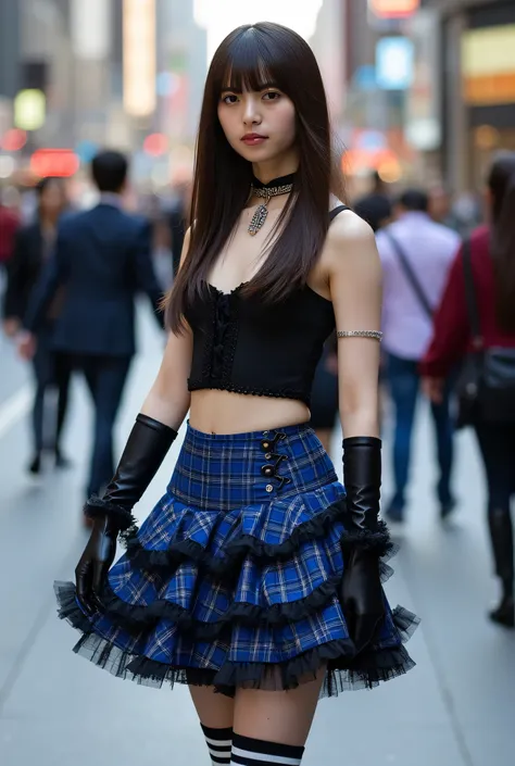 (Bangs), ((Long brown hair)), ((Black crop top and black camisole fusion) with frills: 1.4), ((Sleeveless, off the shoulders): 1.3), (Navel, collarbone: 1.3), ((Black opera gloves, black long gloves): 1.3), (Blue tartan check (frilled mini skirt, layered s...