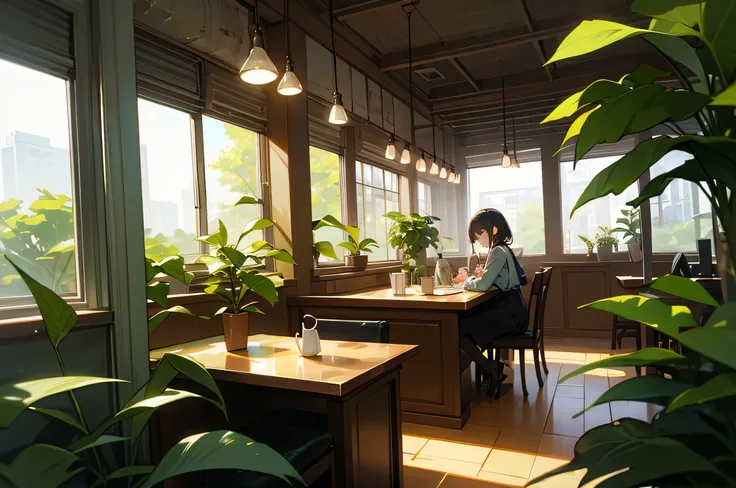  Retro Pop 、Girl studying in a cafe、 sitting in a corner of the cafe、The inside of the store is a foliage plant 