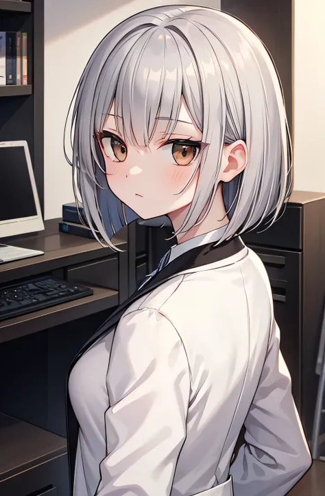  high image quality　 high quality　 Masterpiece　Beauty　Gray Hair　 bob cut from behind　 brown eyes　 White Coat　 black suit 　 small tits　　　　　 rugged expression　clinic