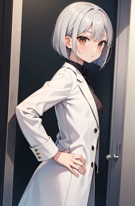  high image quality　 high quality　 Masterpiece　Beauty　Gray Hair　 bob cut from behind　 brown eyes　 White Coat　 black suit 　 small tits　　　　　 rugged expression　 front angle　 standing with hands on hips　clinic