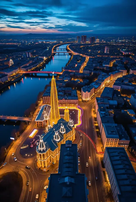 A relatively large ,  Christmassy decorated city .  The city can be seen from a bird's eye view .  In the left part of the picture, a deep blue river snakes through .  On the left side of the river ,  there are rather lower houses ,  that are also decorate...