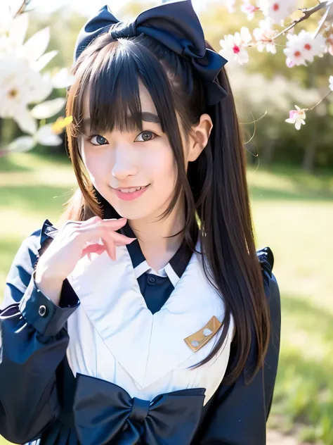 A stunningly beautiful 20-year-old woman stands in a lush green park full of cherry blossoms in full bloom under a clear blue sky. She is wearing a classic sailor uniform and holds a neatly wrapped gift box with a red ribbon in both hands in front of her c...