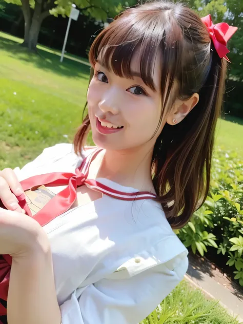 A stunningly beautiful 20-year-old woman stands in a lush green park full of cherry blossoms in full bloom under a clear blue sky. She is wearing a classic sailor uniform and holds a neatly wrapped gift box with a red ribbon in both hands in front of her c...