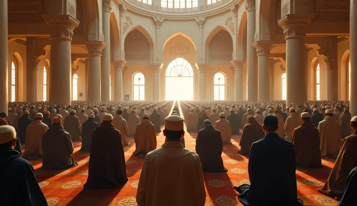 A crowd of muslim men are praying at a big mosque