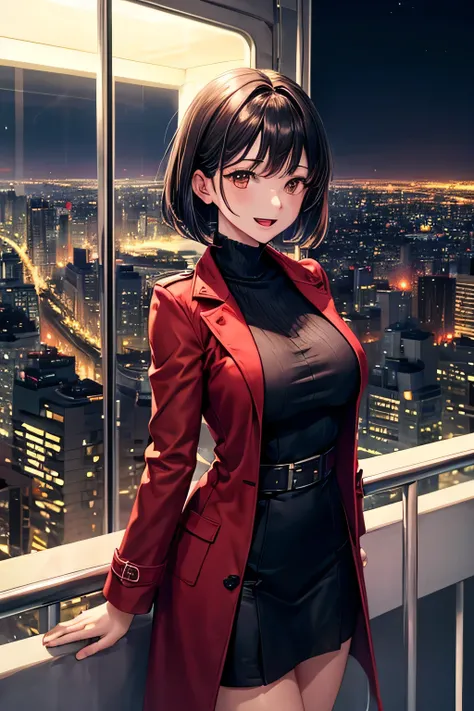 A sophisticated and intelligent girel with sleek, dark ash bob hair, (tits),(brown eyes),(smile), open mouth,standing by the glass railing of a high-rise observation deck, gazing at the glittering cityscape. She wears a deep red coat over a black dress. He...