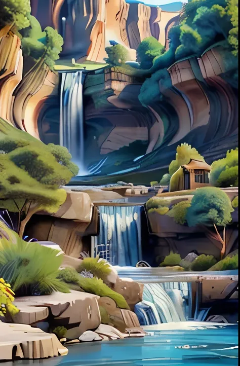 a close up of a river with a waterfall in the middle of it, waterfalls and lakes, lakes and waterfalls, river with stunning water, a river flowing with waterfall, pools of water, mysterious canyon streams, desert oasis, with waterfalls and river, incredibl...