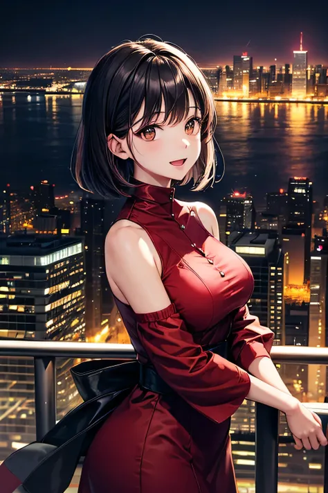 A sophisticated and intelligent girel with sleek, dark ash bob hair, (tits),(brown eyes),(smile), open mouth,standing by the glass railing of a high-rise observation deck, gazing at the glittering cityscape. She wears a deep red coat over a black dress. He...