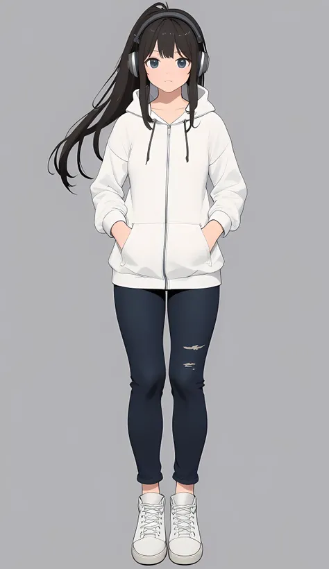 anime, 1girl, solo, Japanese, late s, dark brown hair, high ponytail, dark grey eyes, athletic build, introverted, strong-willed, fair skin, detailed face
street fashion, oversized hoodie(white), skinny jeans, high-top sneakers, headphones, casual, stylish