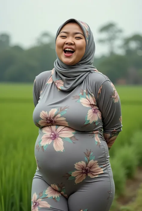 (Fat body) "Facial expression in Happy Tongue Orgasm", Wearing flora print hijab, Skinny hijab skinny hijab skinny hijab skinny hijab, (photorealistic:1.6) Indonesian hijab skinny dry aunty wear bra and (mini tiny tights Hotpants), background rice paddy. d...