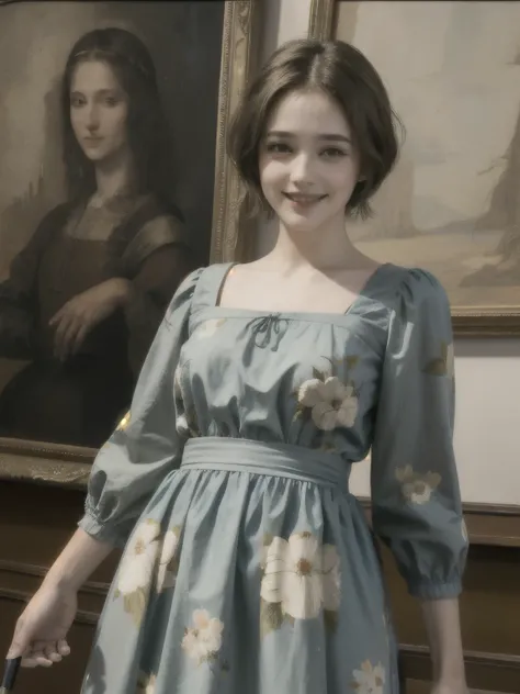 358 (20-year-old woman),( short hair), ( High Definition Photos ), (smile), (colorful floral dress), (Leonardo da Vinci paintings)