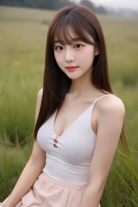 19 years Old young South Korean girls, beauty face, Cute face, Sweet face, thin, long sleek Straight hair style, lipstick, night, Girl With a perfect figure, weight 33kg, with tank top and short skirt, height 170cm, in the meadow, the weather is cloudy and...