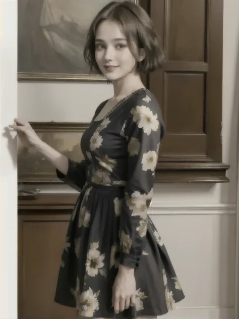 358 (20-year-old woman),( short hair), ( High Definition Photos ), (smile), (colorful floral dress), (Leonardo da Vinci paintings)