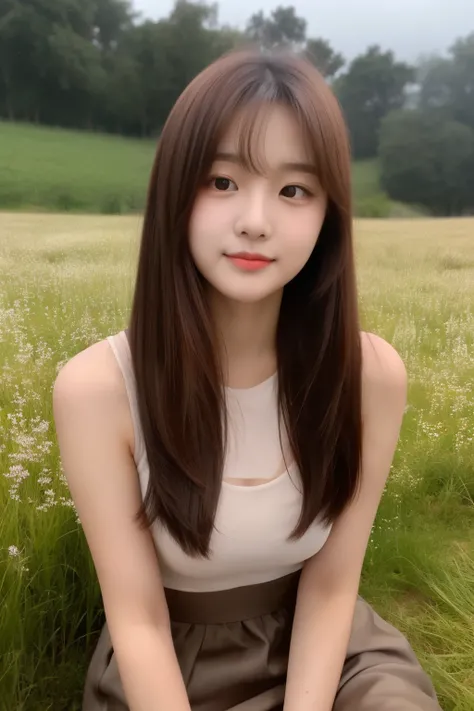 19 years Old young South Korean girls, beauty face, Cute face, Sweet face, thin, long sleek Straight hair style, lipstick, night, brown skin color, Girl With a perfect figure, weight 33kg, with tank top and short skirt, height 170cm, in the meadow, the wea...