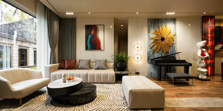 Modern living room interior space, neutral colors, felt sofa, coffee table, carpet,high quality, best quality, authentic, super detail