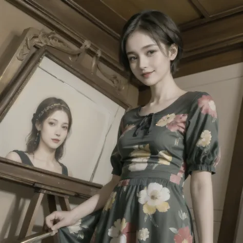 358 (20-year-old woman),( short hair), ( High Definition Photos ), (smile), (colorful floral dress), (Leonardo da Vinci paintings)