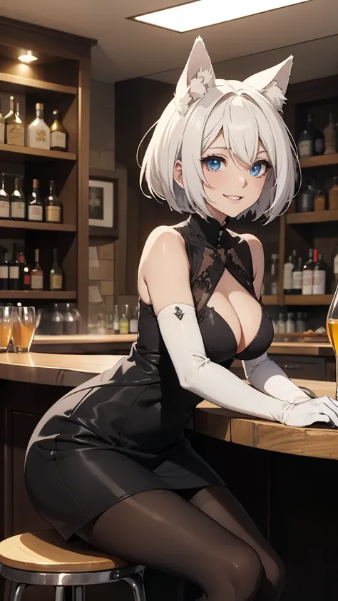   Table Top　  High Quality Images  　  top quality　8k　   Adult women 　   Beautiful Breasts Anime Style 　 full body:1.3 white long gloves （    elbow gloves  ）　With a glass　  black pantyhose（  Seamless   ）　  short dress（  sleeveless）　White wolf ears　  short h...