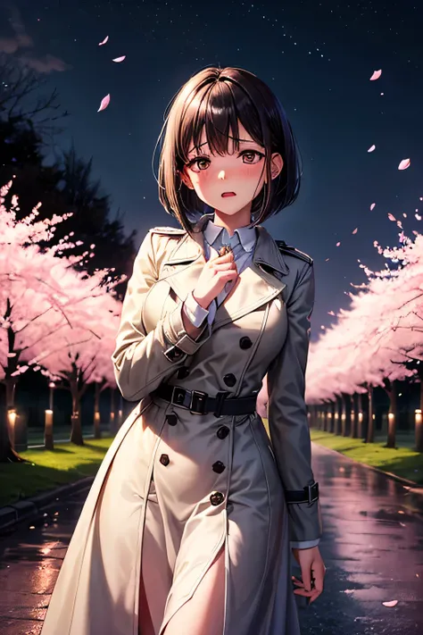 A sophisticated and intelligent girel with sleek, dark ash bob hair, (tits),(brown eyes),along a cherry blossom-lined path at night, illuminated by gentle streetlights. She wears a dark navy trench coat over a flowing white dress,The background is a dreaml...