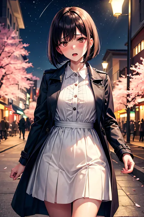 A sophisticated and intelligent girel with sleek, dark ash bob hair, (tits),(brown eyes),along a cherry blossom-lined path at night, illuminated by gentle streetlights. She wears a dark navy trench coat over a flowing white dress,The background is a dreaml...