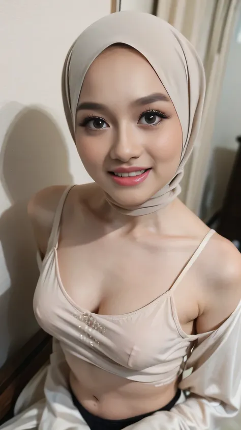 Selfie taken, See full body, luxury details, 8k, natural, realistic, amazing shots, ULTRA HD, 1 girl, 18 years old, smooth white face, white skin, smailing, neat white teeth, big breasts, wearing a long white hijab covering the body, with decorations on th...