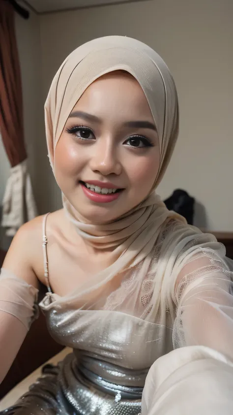 Selfie taken, See full body, luxury details, 8k, natural, realistic, amazing shots, ULTRA HD, 1 girl, 18 years old, smooth white face, white skin, smailing, neat white teeth, big breasts, wearing a long white hijab covering the body, with decorations on th...