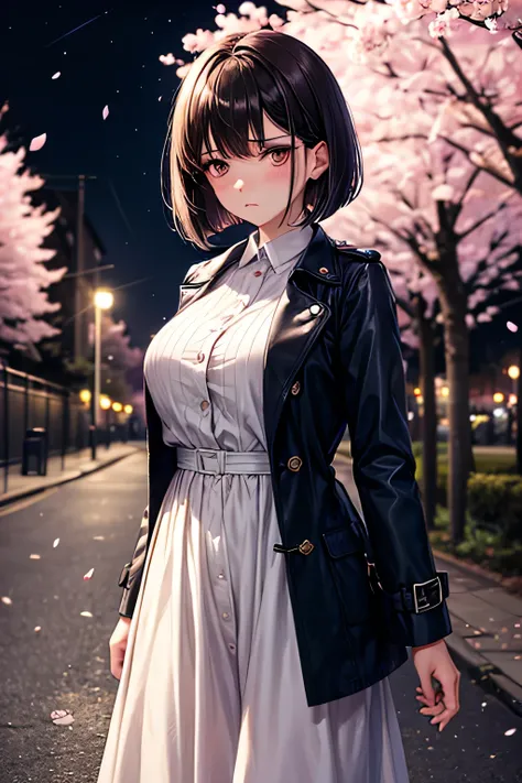 A sophisticated and intelligent girel with sleek, dark ash bob hair, (tits),(brown eyes),along a cherry blossom-lined path at night, illuminated by gentle streetlights. She wears a dark navy trench coat over a flowing white dress,The background is a dreaml...