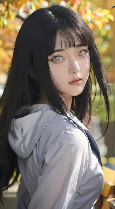 Hyuga hinata, a caracter from naruto shippuden anime, black hair, white eyes grey clothes, beautiful asian face, afternoon back ground, detailed face, detailed eyes, detailed hair, ultra detailed, ultra realistic, high resolution, masterpiece.