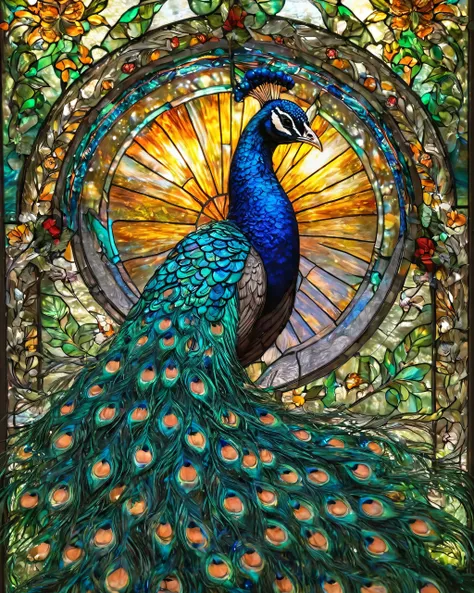 a close up of a stained glass window with a peacock, stained glass art, stained glass!!, stained glass style, beautiful stained glass window, stained glass window!!!!!, stained glass, stain glass, maxim verehin stained glass, masterpiece stained glass, bac...