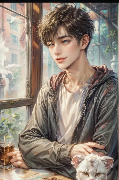 (absurdres, highres, ultra detailed, HDR), masterpiece, perfect face, detailed face, intricate details, watercolor art style, valentine theme, cat extremely detailed character profile, best quality close-up picture,  smile face, kpop face , almond eyes, yo...