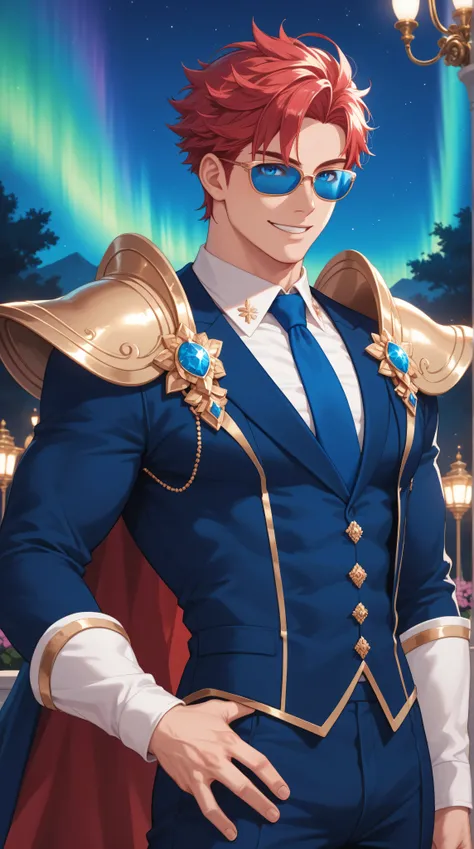 anime,  cartoon, Alone, white muscular man, Red colored hair,  blue eyes, quiff ,  elegant suit ,  blue tie ,  blue sunglasses,  night, Pink Trees,  smile,  masterpiece,  High Quality, divine shoulder pads , unique flowers of radiant crystals of different ...