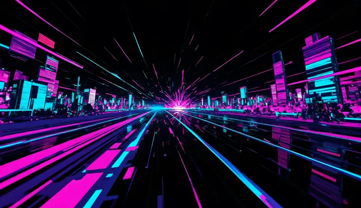 A dynamic and modern digital glitch effect with distorted pixel fragments, chromatic aberration, and horizontal scan lines. The image features vibrant neon colors, including electric blue, magenta, and cyan, contrasted against a deep black background. Sect...