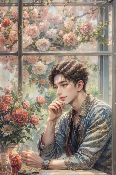 (absurdres, highres, ultra detailed, HDR), masterpiece, perfect face, detailed face, intricate details, watercolor art style, valentine theme, roses, extremely detailed character profile, best quality close-up picture,  smile face, kpop face , almond eyes,...