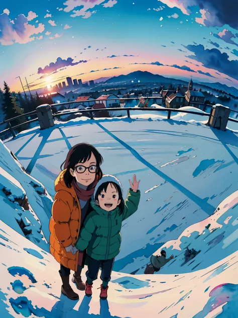  masterpiece， top quality，  nothing  ，( Super Flats ，Flat shade  )， Fisheye ，Glasses，  beautiful black hair，beautiful cute petite mother and cute little daughter:1.2， warm scarf  ， down jacket，(naked)，  long hair，smile, smile， White Breath，A park with a go...